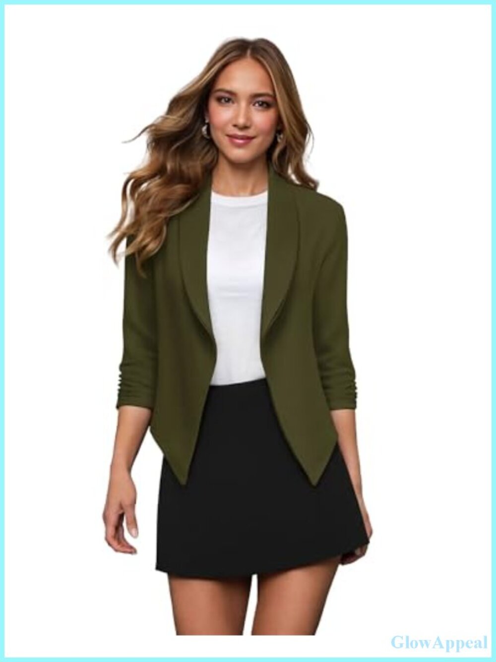 Hybrid & Company Ruched Sleeve Open Front Blazer Lightweight 3/4 Sleeve Office